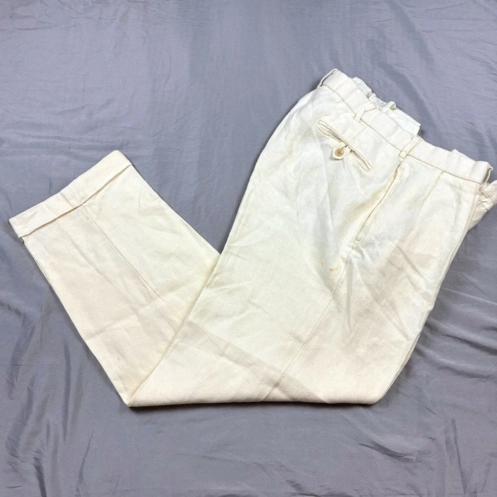 Polo Ralph Lauren Linen Trousers 32 x 29 White Ivory Cream Pleated Cuffed VTG